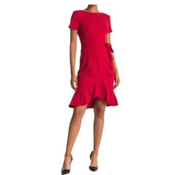 CALVIN KLEIN red short sleeve faux wrap belted dress size 4 - Picture 1 of 8